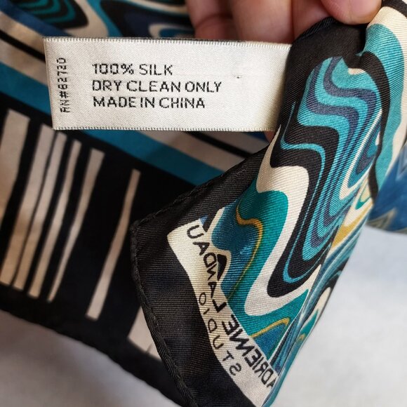 Adrienne Landau Scarf 100% Silk Geometric Brown White Aqua Blue Cravat 52" x 11" - Picture 10 of 14